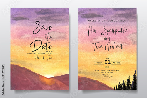 Wedding invitation with watercolor landscape sunset