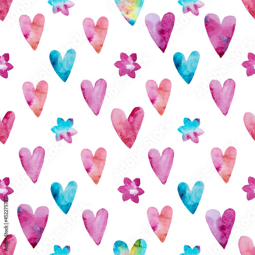 Watercolor pink and blue hearts on white background. Use for backgrounds, scrapbooking, fabric printing, paper printing, wallpaper and more.
