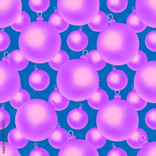 Christmas lilac balls on a blue background. Seamless pattern. Christmas endless background for the holiday.