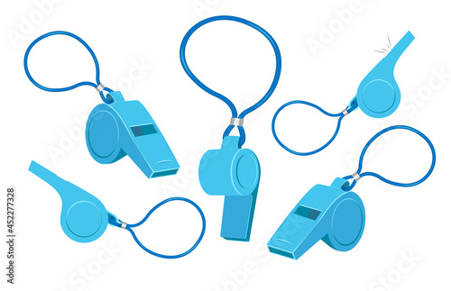 Blue plastic sport referee whistle vector icon set isolated on white background. Flat design cartoon style illustration. Sports sign, play game symbol, coach or trainer equipment.
