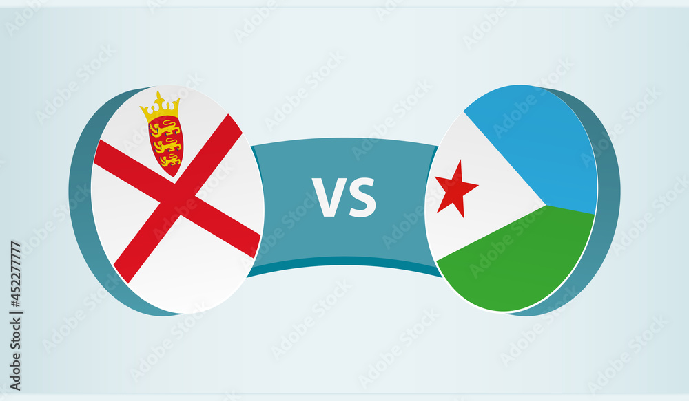 Jersey versus Djibouti, team sports competition concept. Round flag of countries.