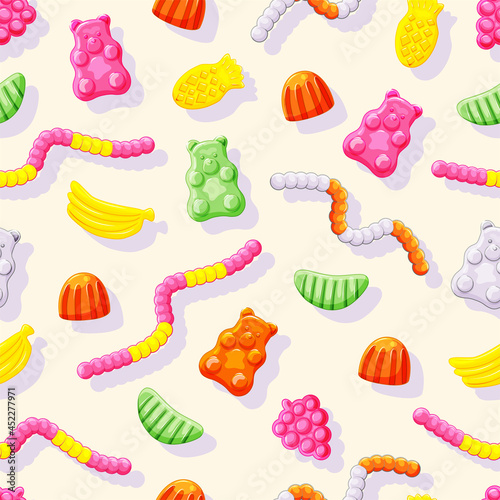 Various jelly candies bears, worms, bananas seamless pattern. Sweet vector background