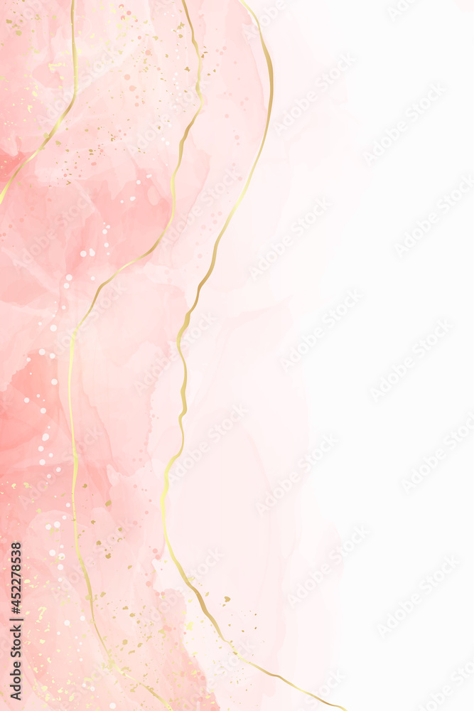 Abstract pastel pink liquid watercolor background with golden cracks. Pastel pink marble alcohol ink drawing effect. Vector illustration design template for wedding invitation