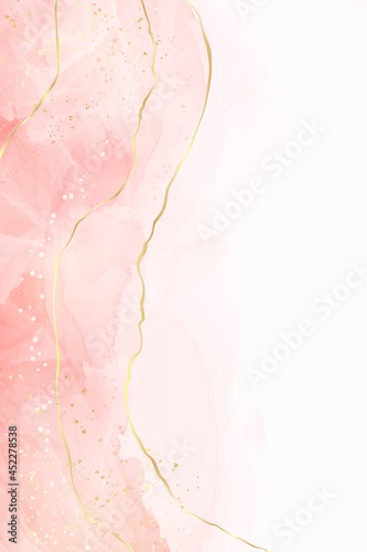 Abstract pastel pink liquid watercolor background with golden cracks. Pastel pink marble alcohol ink drawing effect. Vector illustration design template for wedding invitation