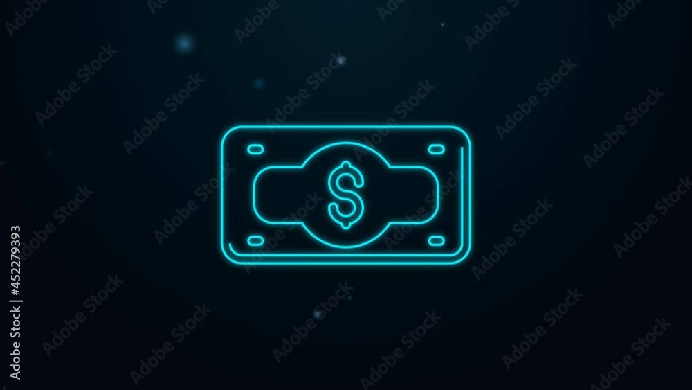 Glowing neon line Stacks paper money cash icon isolated on black background. Money banknotes stacks. Bill currency. 4K Video motion graphic animation Glowing neon line Stacks paper money cash icon isolated on black background. Money banknotes stacks. Bill currency. 4K Video motion graphic animation