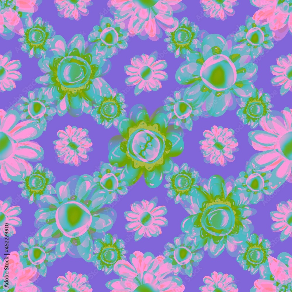 Folk flowers on a lilac background. Flowers seamless pattern. Floral background.