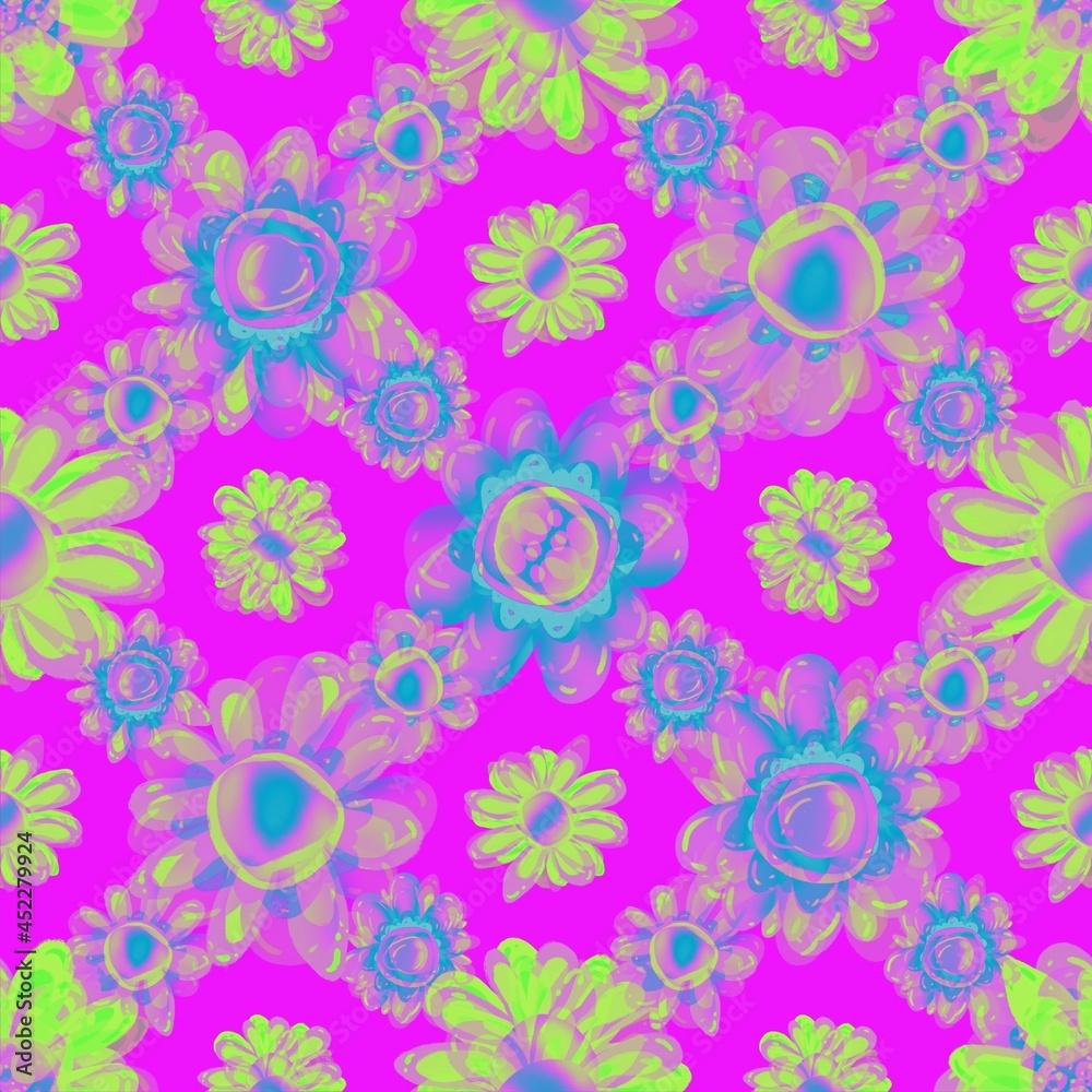 Seamless pattern. Folk colorful  flowers  on a pink background. 