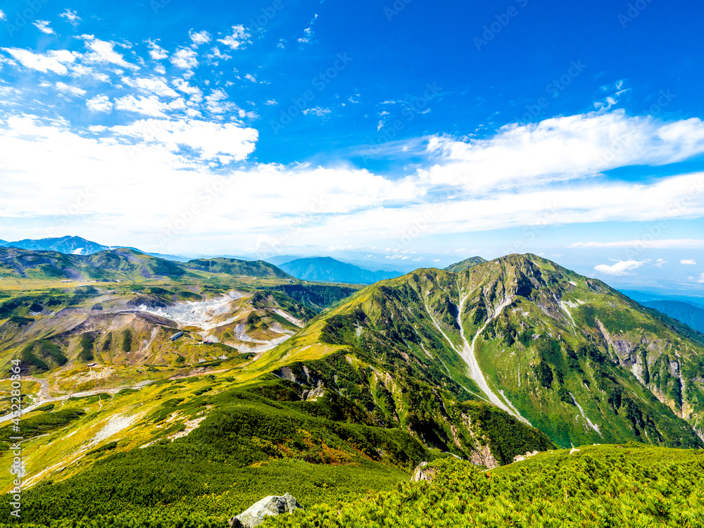 初秋で紅葉が色づき始めた立山全景（背景は雷鳥沢、室堂周辺）	