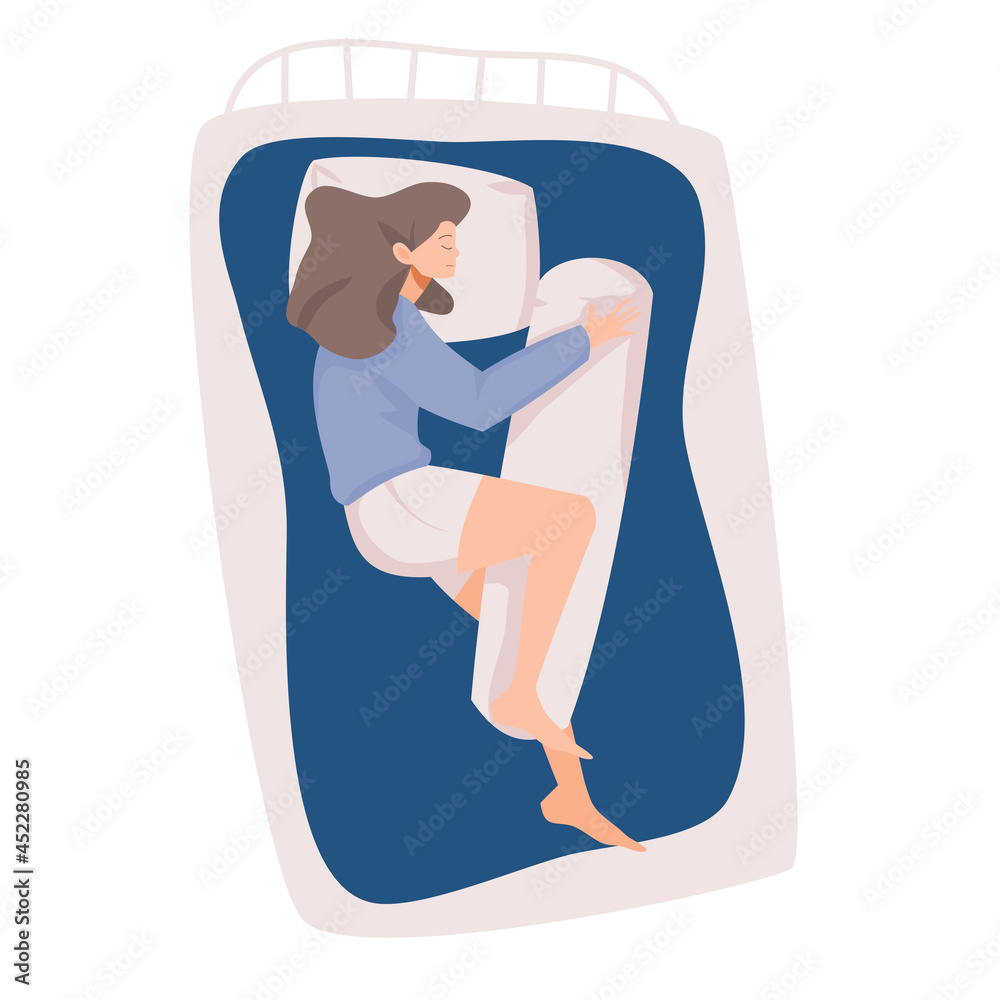 woman sleeping sleep on one's side postures. concept of sleeping at night, dreaming, comfortable, and relaxing, Flat vector cartoon illustration woman sleeping sleep on one's side postures. concept of sleeping at night, dreaming, comfortable, and relaxing, Flat vector cartoon illustration