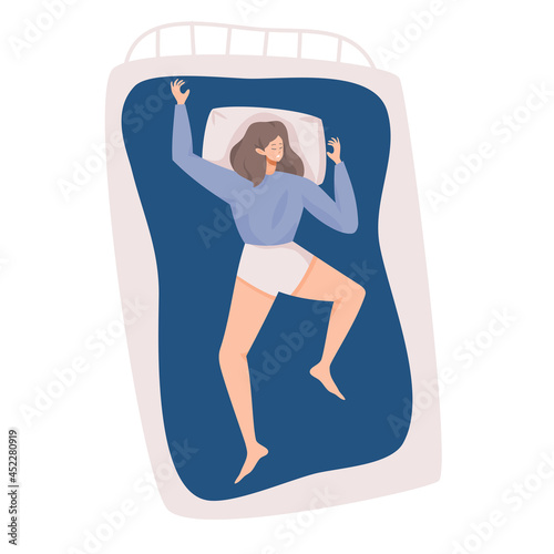 sleeping woman lying on her back postures. concept of  sleeping at night, dreaming, comfortable, and relaxing, Flat vector cartoon illustration