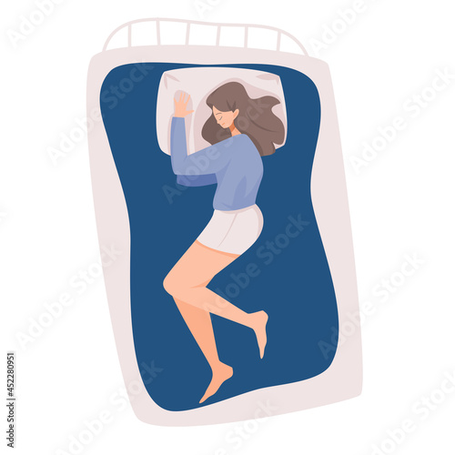 woman sleeping sleep on one's side postures. concept of  sleeping at night, dreaming, comfortable, and relaxing, Flat vector cartoon illustration