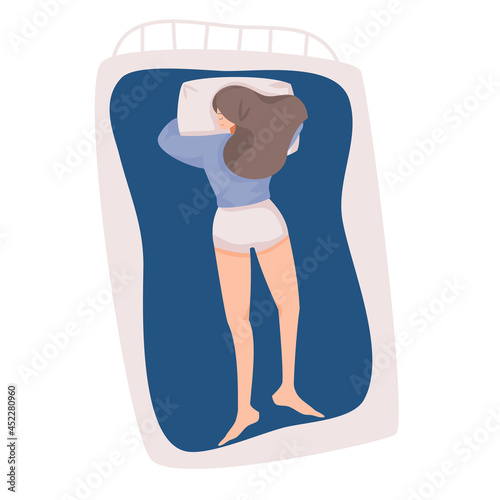 woman sleeping in prone positioning. concept of  sleeping at night, dreaming, comfortable, and relaxing, Flat vector cartoon illustration