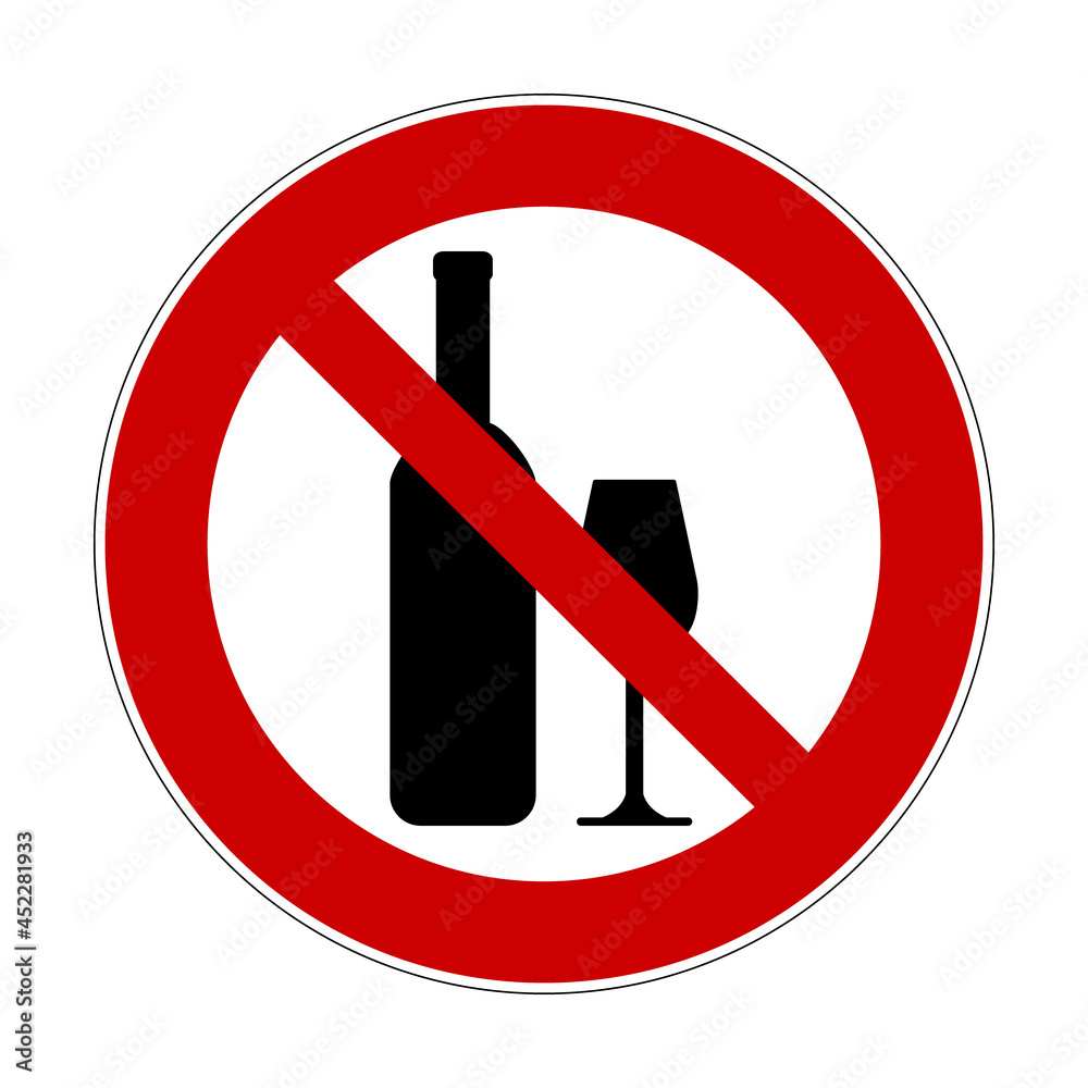 No alcohol sign. Vector illustration of red crossed out circle sign with silhouette of bottle and glass. No drink prohibition symbol.