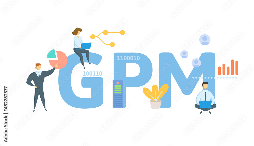 GPM, Graduated Payment Mortgage. Concept with keyword, people and icons. Flat vector illustration. Isolated on white.