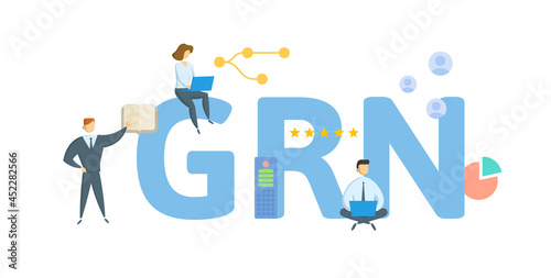 GRN, Goods Receipt Note. Concept with keyword, people and icons. Flat vector illustration. Isolated on white.