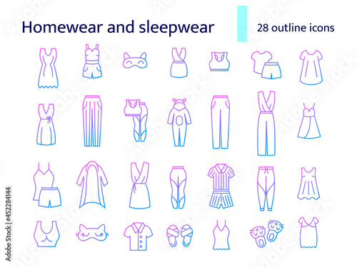 Homewear and sleepwear outline icons set. Purple gradient symbols collection. Isolated vector illustration