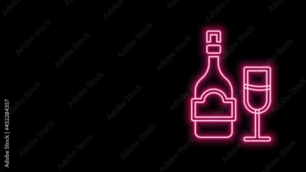 Glowing neon line Champagne bottle with glass icon isolated on black background. 4K Video motion graphic animation Glowing neon line Champagne bottle with glass icon isolated on black background. 4K Video motion graphic animation