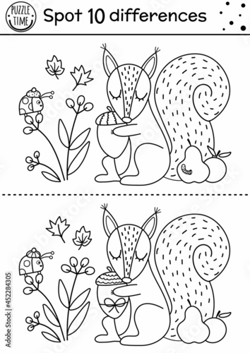 Find differences line game for kids. Black and white Autumn forest educational activity with squirrel and acorn. Printable worksheet with cute animal. Woodland puzzle. Fall preschool coloring page.