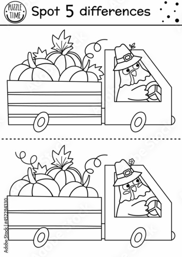 Find differences line game for children. Thanksgiving coloring activity with funny turkey driving a van with pumpkins. Fall printable worksheet. Autumn black and white holiday puzzle for kids.