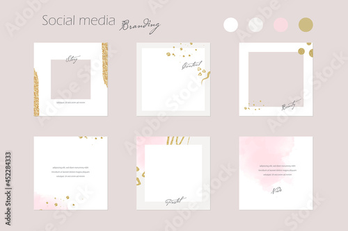 Instagram social media story post feed template in pink pastel and gold colors. background mockup for beauty salon, cosmetics, fashion, jewelry, make up, skin care