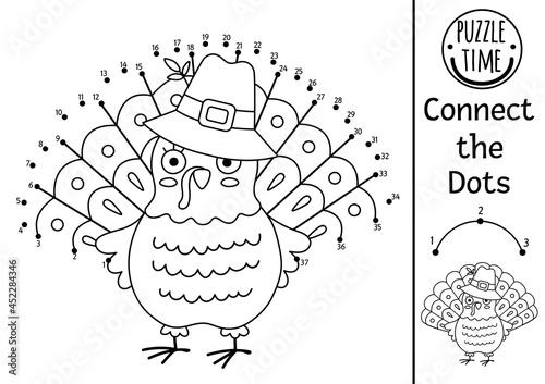 Vector dot-to-dot and color activity with cute turkey. Thanksgiving connect the dots game for children with funny bird. Woodland coloring page for kids. Autumn holiday printable worksheet.
