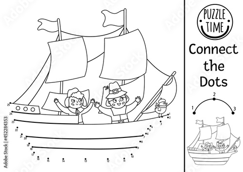 Vector dot-to-dot and color activity with Mayflower ship and pilgrims. Thanksgiving historical connect the dots game or coloring page for kids. Autumn holiday printable worksheet. Fall quiz.