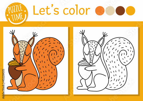Forest coloring page for children with squirrel. Vector autumn holiday outline illustration with cute animal. Woodland color book for kids with colored example. Drawing skills printable worksheet.