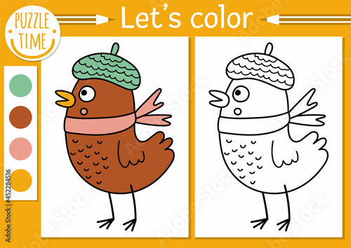 Forest coloring page for children with bird in hat and scarf. Vector autumn outline illustration with cute animal. Woodland color book for kids with colored example. Drawing skills printable worksheet