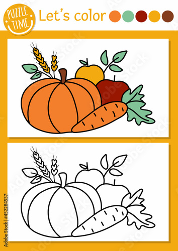 Garden coloring page for children with vegetables and fruit. Vector autumn outline illustration with harvest. Color book for kids with colored example. Drawing skills printable worksheet.