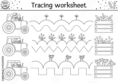 Vector Thanksgiving handwriting practice worksheet. Autumn printable black and white activity for preschool kids. Fall tracing game for writing skills with cute turkey and birds on tractor, harvest.