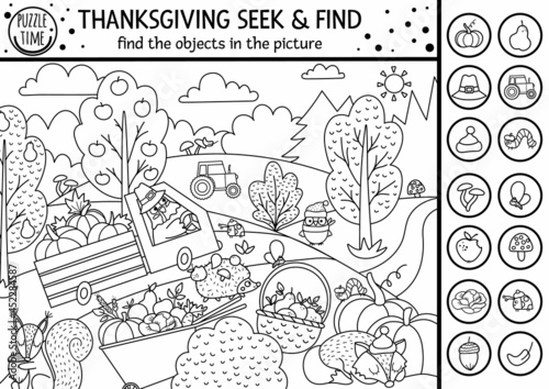 Fényképezés Vector black and white Thanksgiving searching game or coloring page with cute turkey in the field