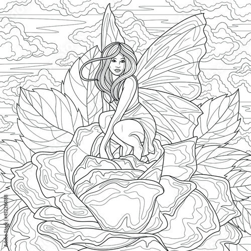Fairy in a rose.Coloring book antistress for children and adults. Illustration isolated on white background.Zen-tangle style.