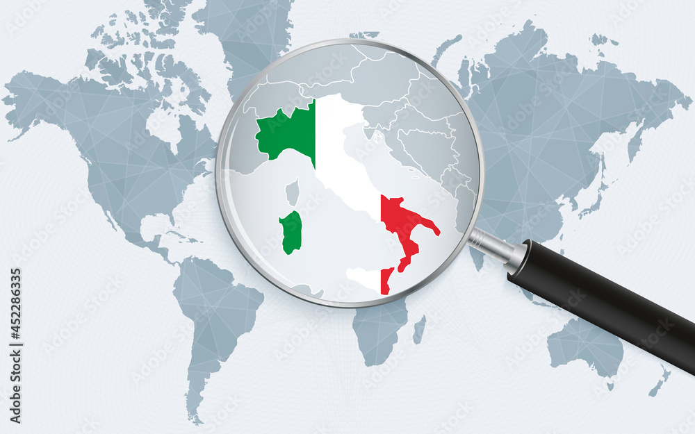 World map with a magnifying glass pointing at Italy. Map of Italy with the flag in the loop. World map with a magnifying glass pointing at Italy. Map of Italy with the flag in the loop.