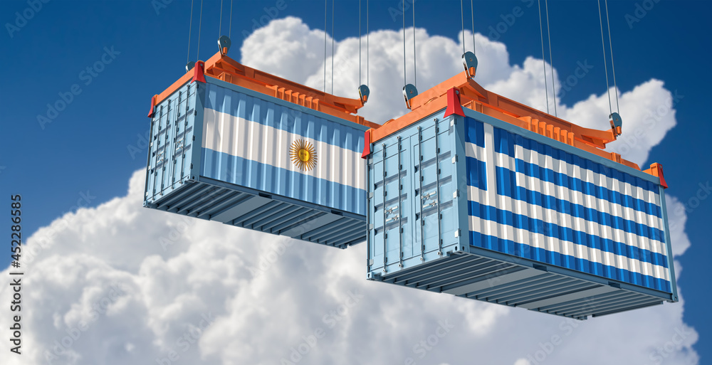 Freight containers with Argentina and Greece national flags. 3D Rendering 