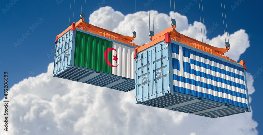 Freight containers with Algeria and Greece national flags. 3D Rendering 