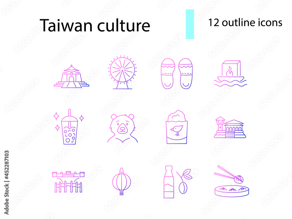 Taiwan outline icons set. Taiwanese famous items. Ferris wheel, bubble tea. Formosan bear. Isolated vector illustration
