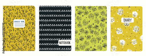 Set of cover page templates based on seamless patterns with hand drawn dandelion flower heads, wildflowers, spiral lines. Backgrounds for notebooks, notepads, diaries. Headers isolated and replaceable