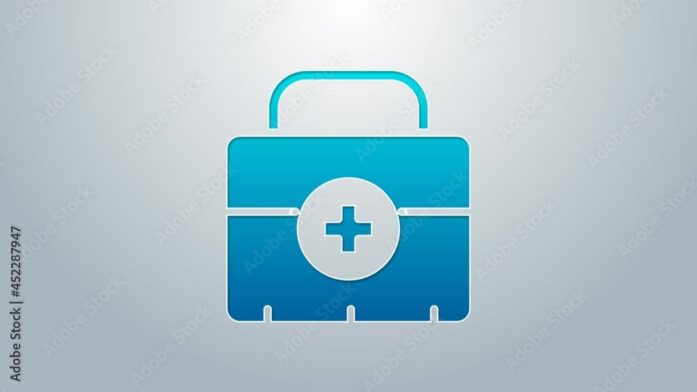 Blue line First aid kit icon isolated on grey background. Medical box with cross. Medical equipment for emergency. Healthcare concept. 4K Video motion graphic animation Blue line First aid kit icon isolated on grey background. Medical box with cross. Medical equipment for emergency. Healthcare concept. 4K Video motion graphic animation