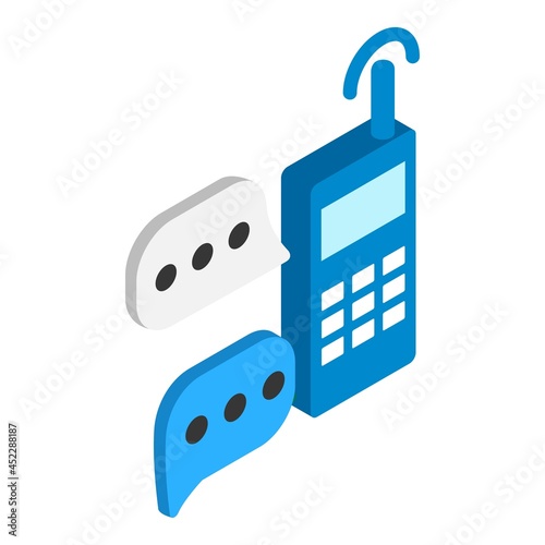 Radio communication icon isometric vector. Handheld walkie talkie, speech bubble. Portable radio, communication technology