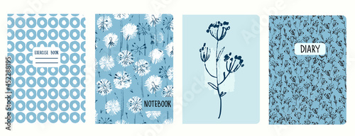 Set of cover page templates based on patterns with hand drawn circlres, dandelions, wildflowers. Backgrounds for notebooks, notepads, diaries. Headers isolated and replaceable
