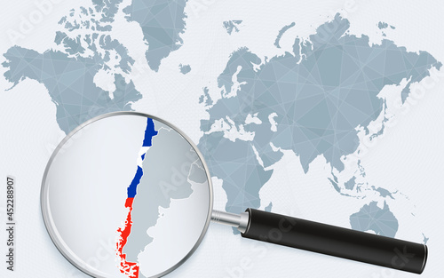 World map with a magnifying glass pointing at Chile. Map of Chile with the flag in the loop.