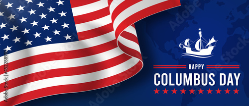 Happy Columbus day with waving american national flag and sailboat. Vector