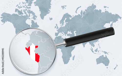 World map with a magnifying glass pointing at Peru. Map of Peru with the flag in the loop.