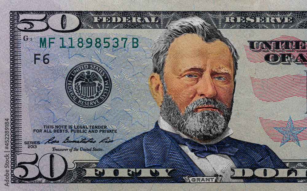 fragment of colorized 50 dollar banknote - obrazy, fototapety, plakaty 