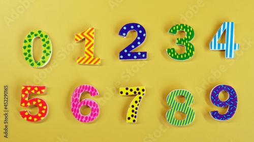 Colorful numbers neatly laid out on yellow background