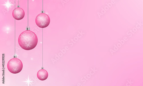 Pink christmas background. Baubles decorated with white snowflakes. Shimmering effect and empty space to copy text. Winter festive background. 3D illustration.