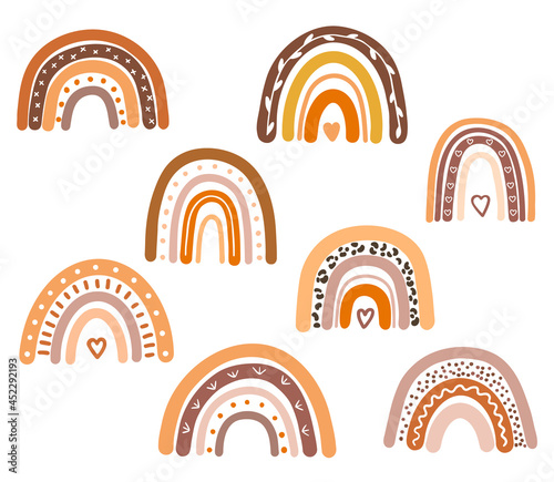 Set of boho rainbows in pastel and brown colors, isolated scandinavian elements on white background. Nursery art design, for printing on baby clothes and textiles, vector illustration
