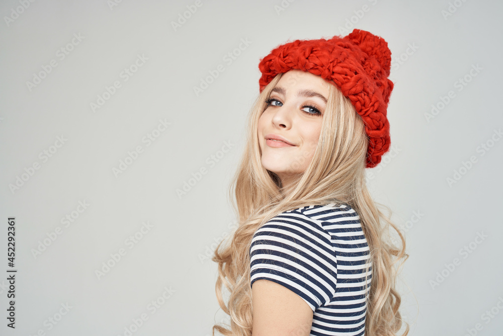 pretty woman in fashionable clothes Red Hat posing Studio pretty woman in fashionable clothes Red Hat posing Studio