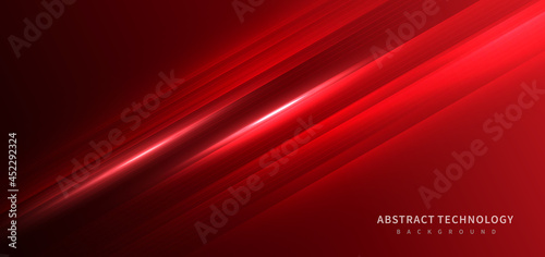 Technology futuristic background striped lines with light effect on red background.