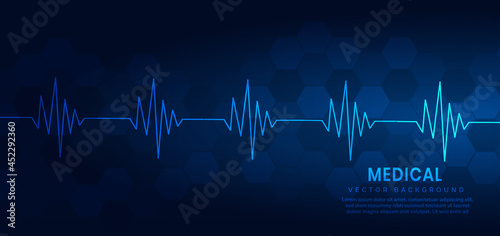 Abstract blue Heart pulse monitor on hexagon pattern background. Medical concept.